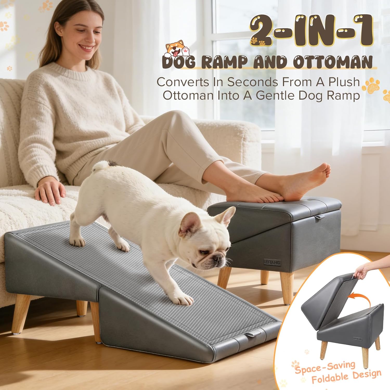 Dog Stairs for Small Dogs 16" H - Upgraded Non-Slip Dog Ramp for Bed and Couch, Foldable 2-in-1 Pet Ramp and Ottoman