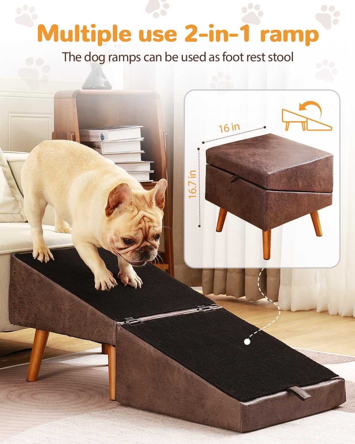 Dog Stairs for Small Dogs and Cats, Dog Ramp for Couch and Bed, Foldable 2-in-1 Wooden Pet Steps