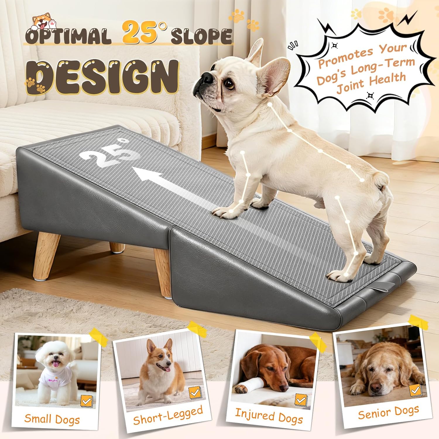 Dog Stairs for Small Dogs 16" H - Upgraded Non-Slip Dog Ramp for Bed and Couch, Foldable 2-in-1 Pet Ramp and Ottoman
