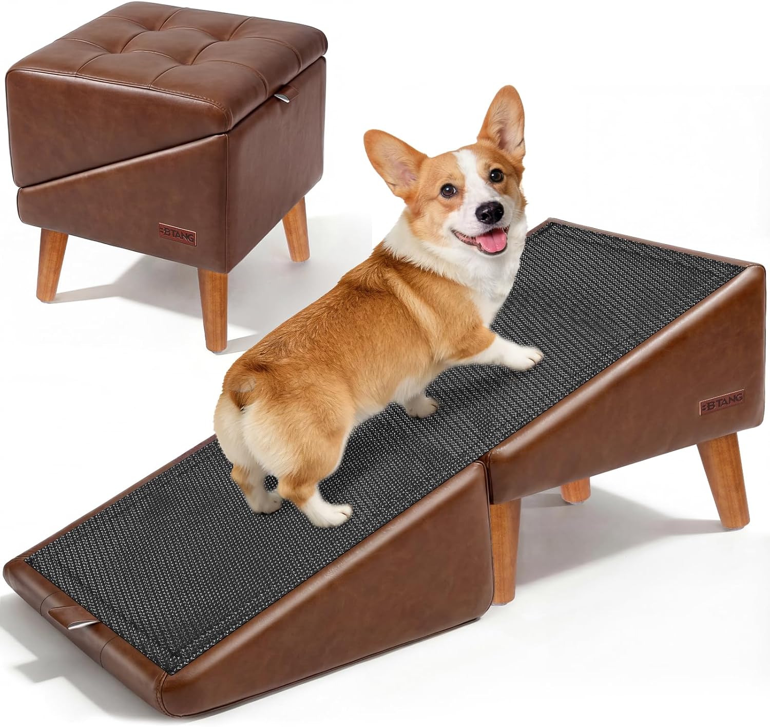 Dog Stairs for Small Dogs 16" H - Upgraded Non-Slip Dog Ramp for Bed and Couch, Foldable 2-in-1 Pet Ramp and Ottoman