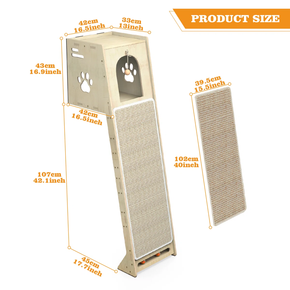 Emaliya Leaning Cat Climbing Tree Tower Condo with Scratching Mat for Window Wall